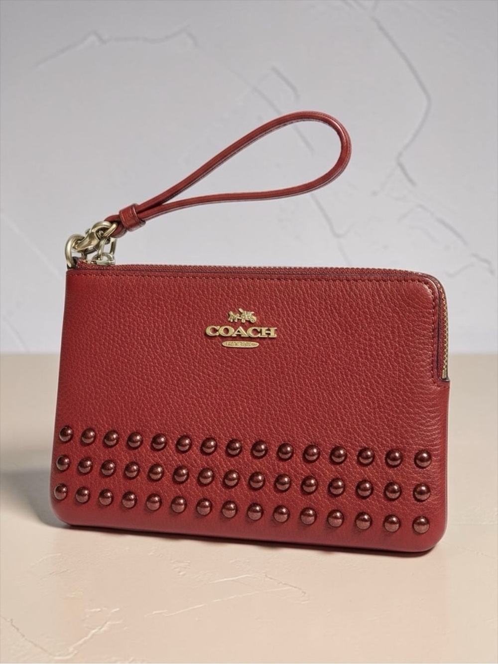 Coach Leather Studded Wristlet in Red/Burgundy